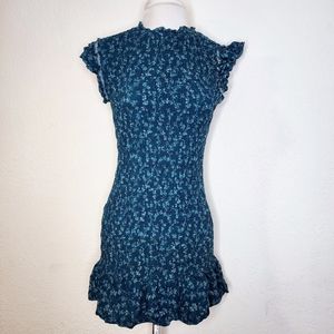 Liberty Love Teal Smocked Mini Dress Sz M Jrs Floral Cottagecore Ruffle hem